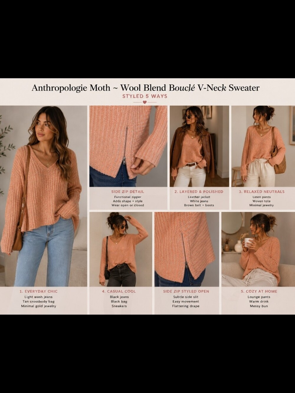 Anthropologie Moth~Wool Blend Bouclé V-Neck Sweater • Peach Cream • Side Zip ▪ S